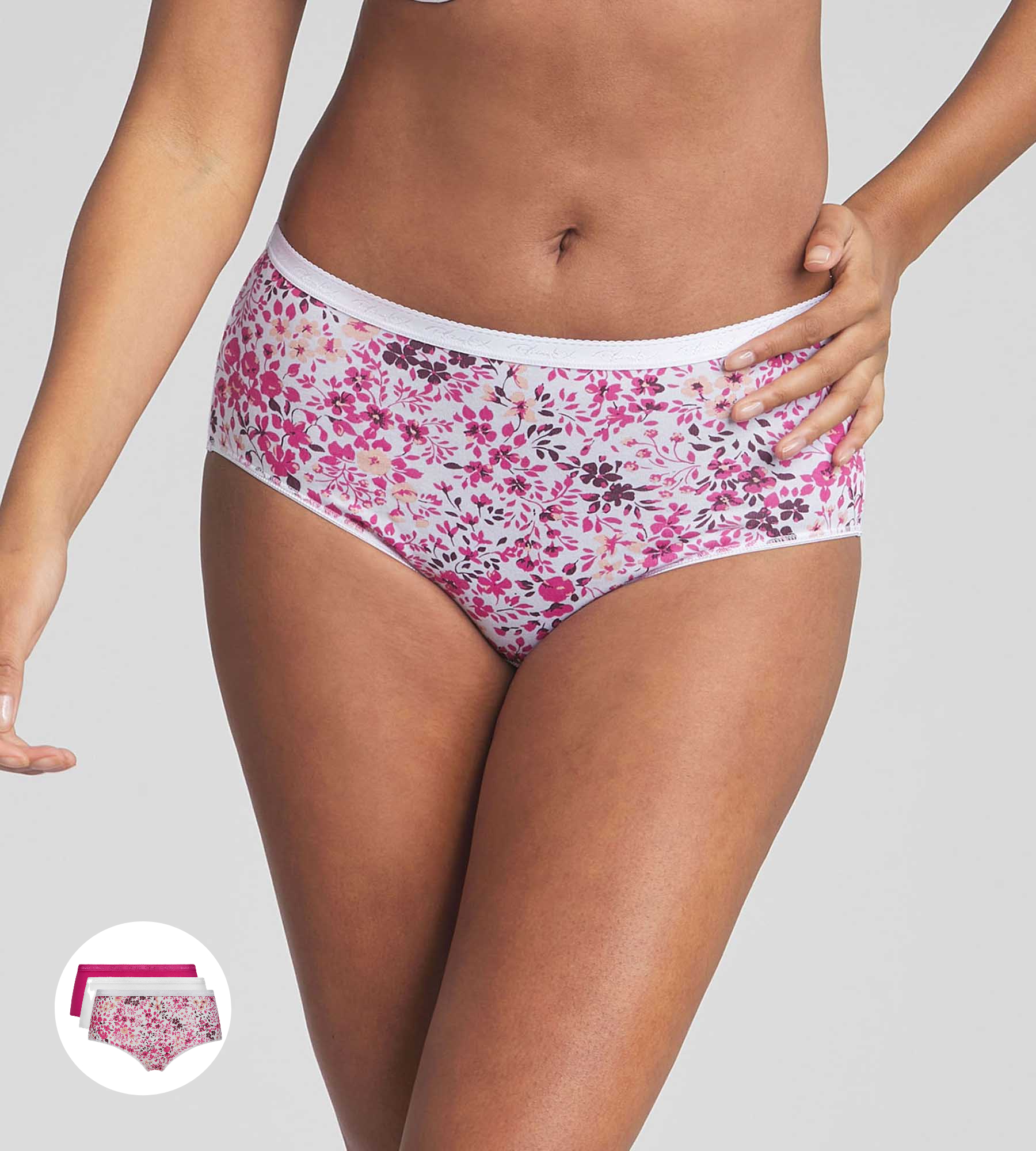 Pack of 3 midi knickers in Floral Print/White/Fuschia - Organic Cotton